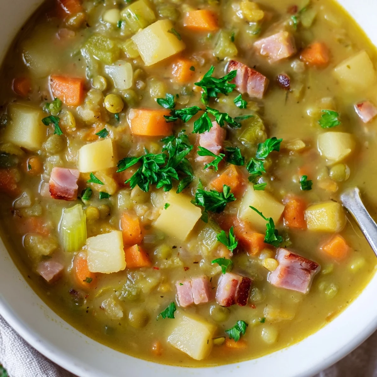 Steaming bowl of comforting split pea soup topped with chopped fresh parsley and cracked pepper