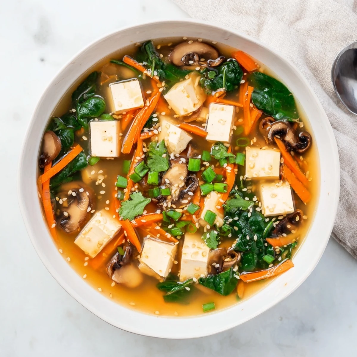 Garnished warm tofu soup with crisp carrots, green onions, and sesame seeds over rich vegetable miso base