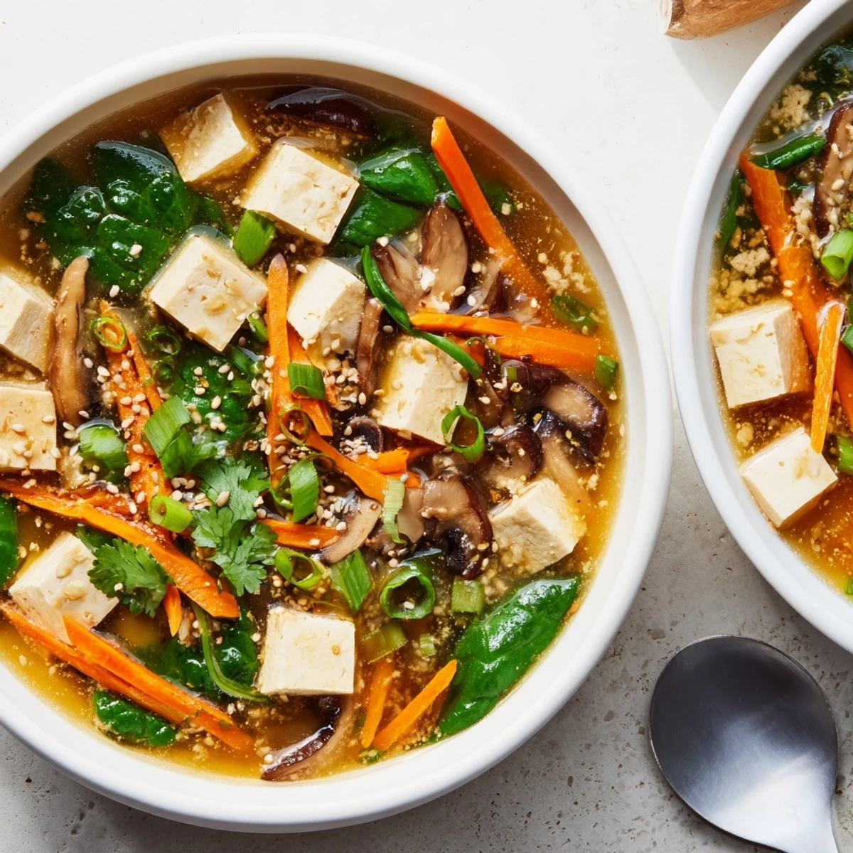 Steamy bowl of warm tofu soup featuring silky cubes, fresh spinach, and sliced mushrooms in savory broth