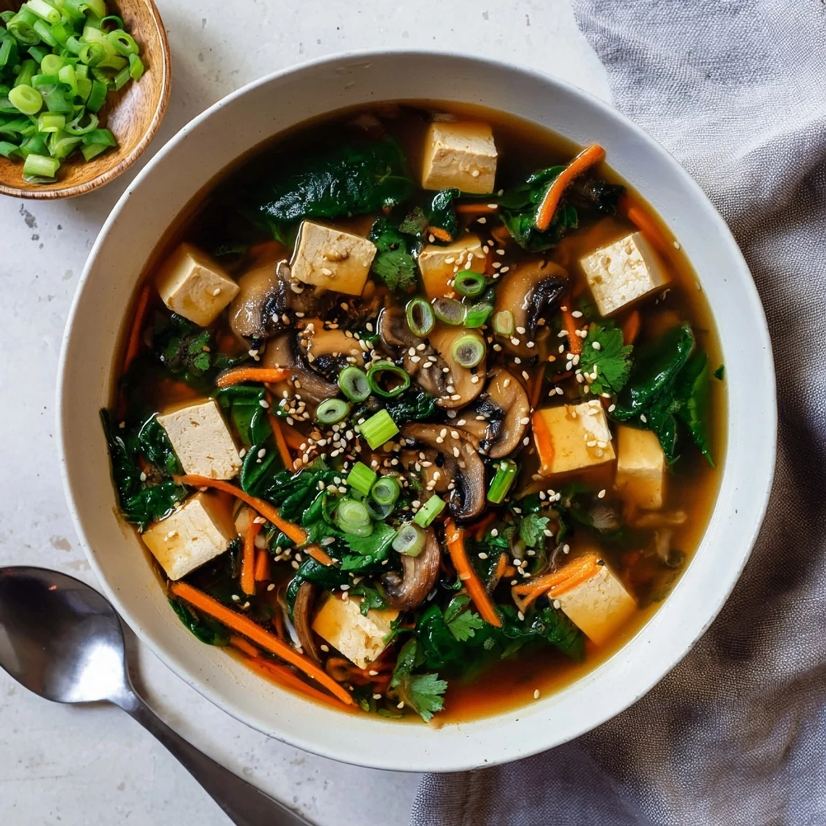 Comforting warm tofu soup showcasing tender tofu, baby spinach, and shiitake mushrooms in aromatic seasoned broth