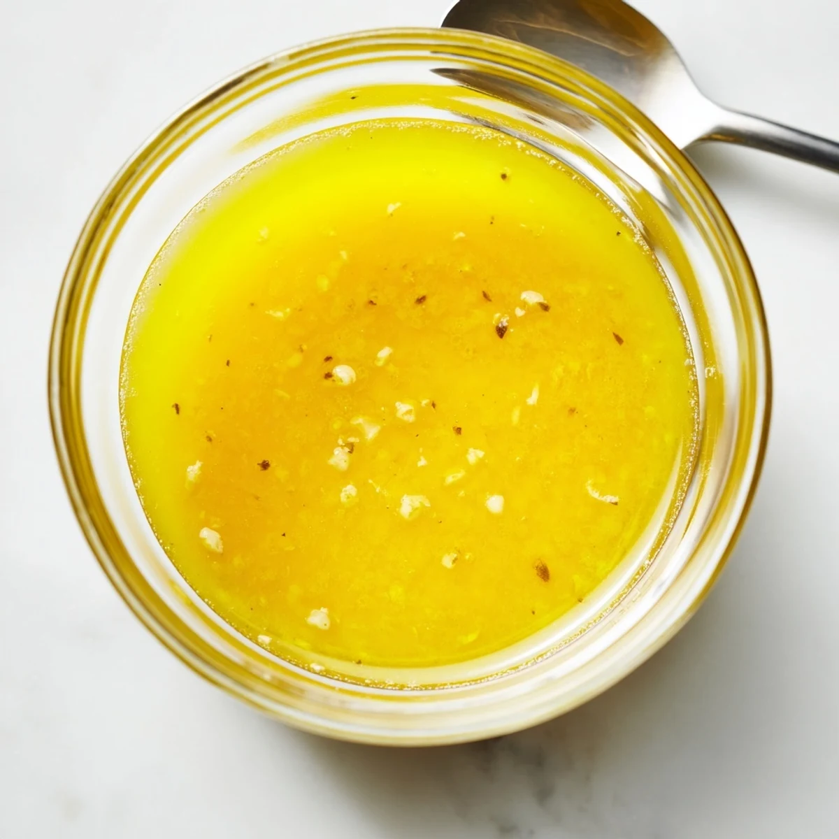 Golden bright lemon vinaigrette dressing drizzled over fresh green salad in white bowl