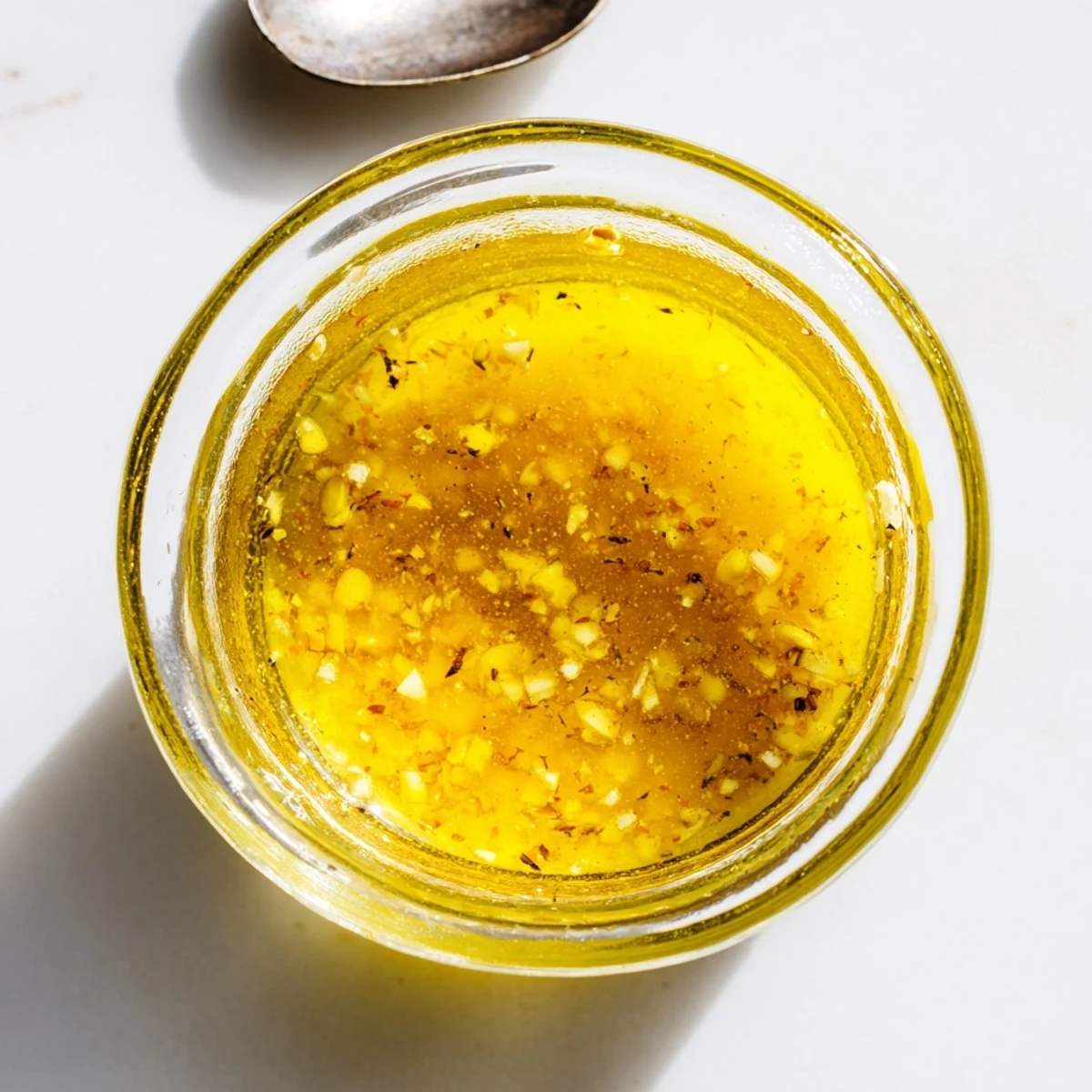 Creamy bright lemon vinaigrette dressing in glass jar with fresh lemon slices and herbs