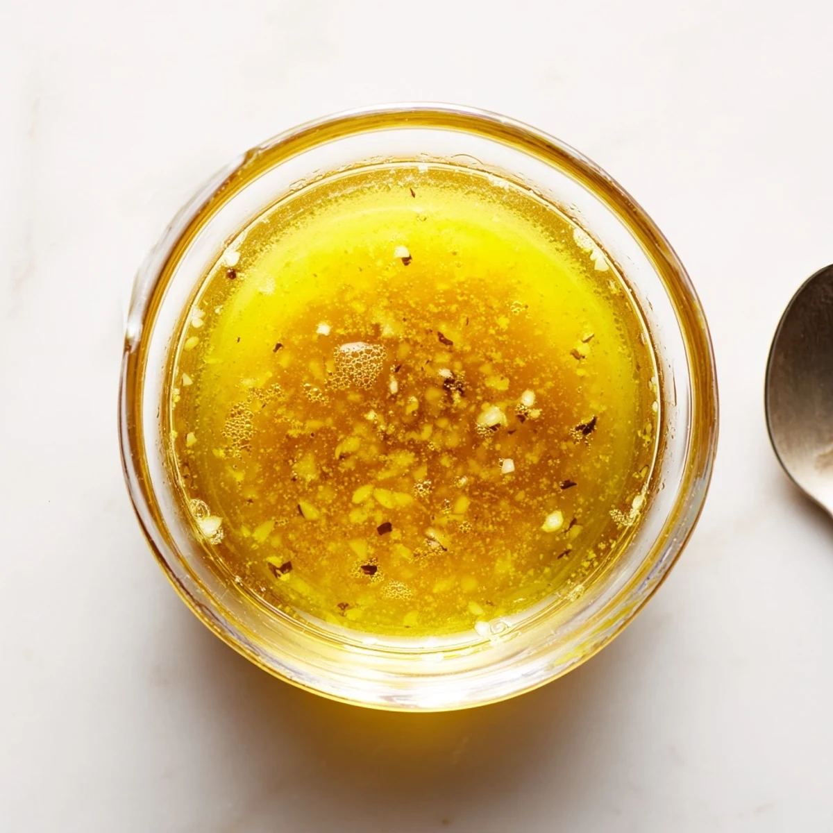 Vibrant bright lemon vinaigrette dressing whisked in mixing bowl with olive oil and garlic