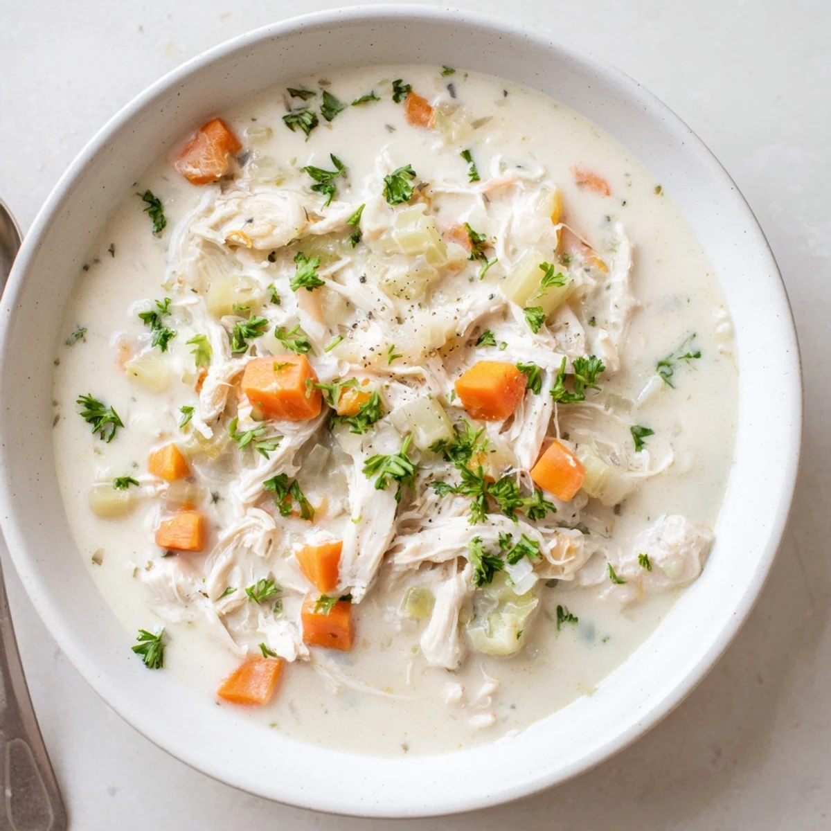 Cream of chicken soup in white bowl garnished with fresh parsley sprouts