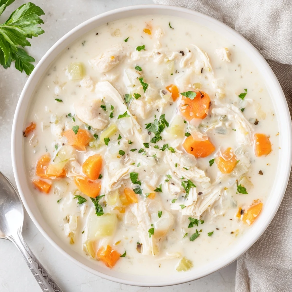 Steaming homemade cream of chicken soup with tender chicken pieces and vegetables