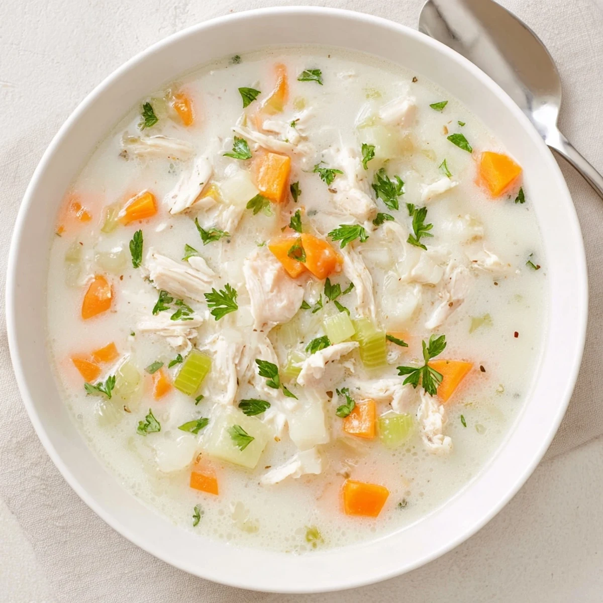 Rustic cream of chicken soup ladled into crock bowl with crusty bread