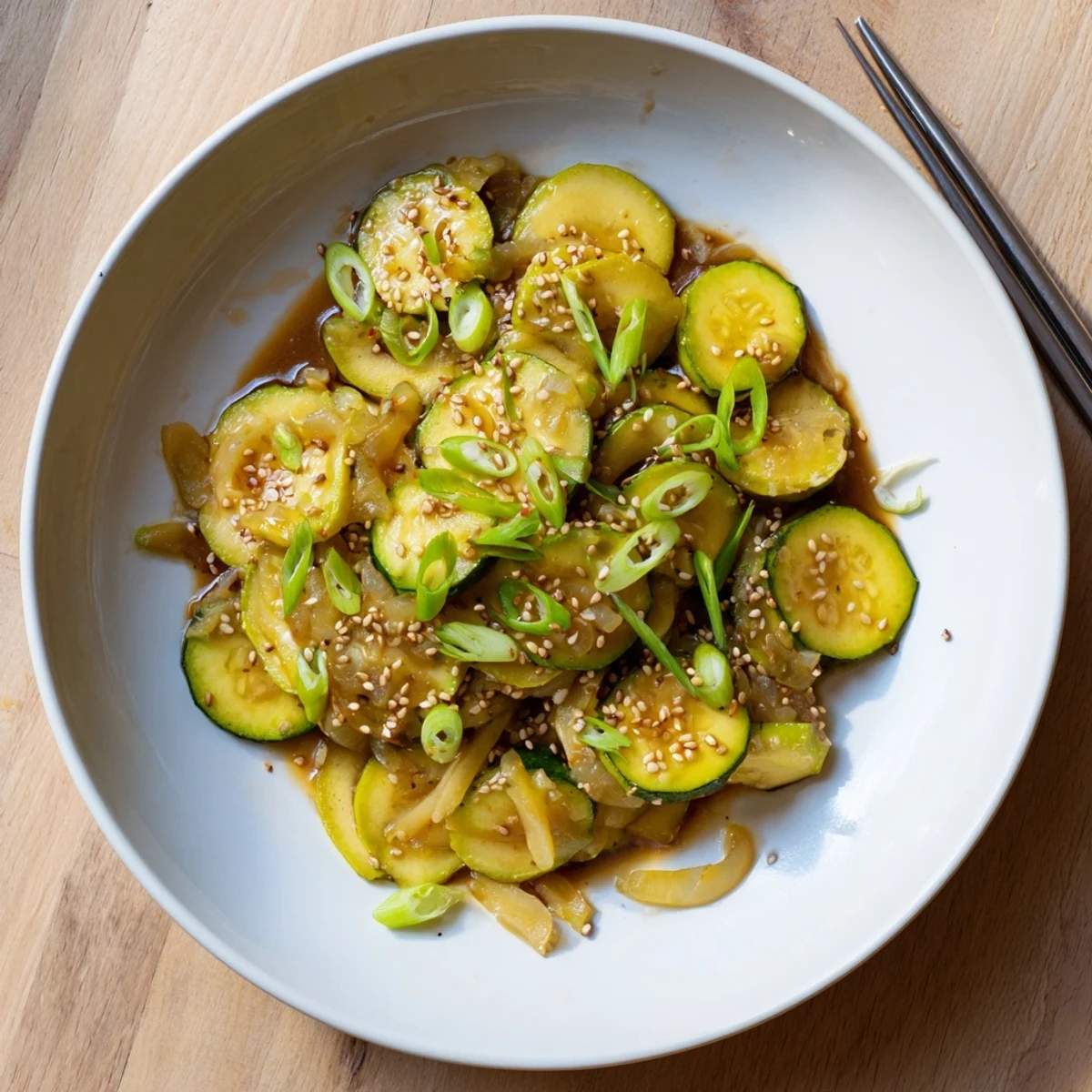 Light Japanese zucchini onion stir fry served with green onions over steamed white rice