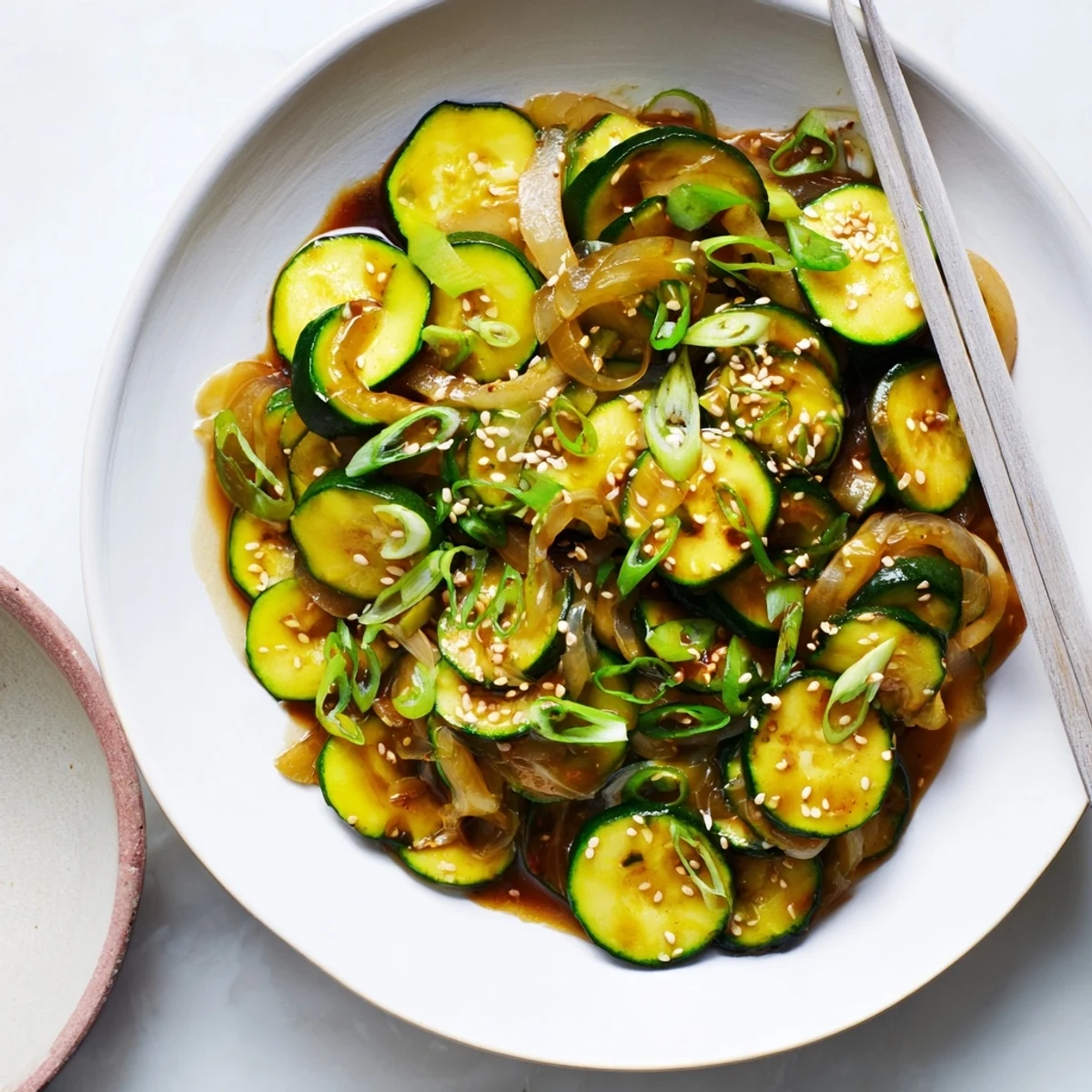 Fresh zucchini stir fried with sweet onions in aromatic ginger sesame oil sauce