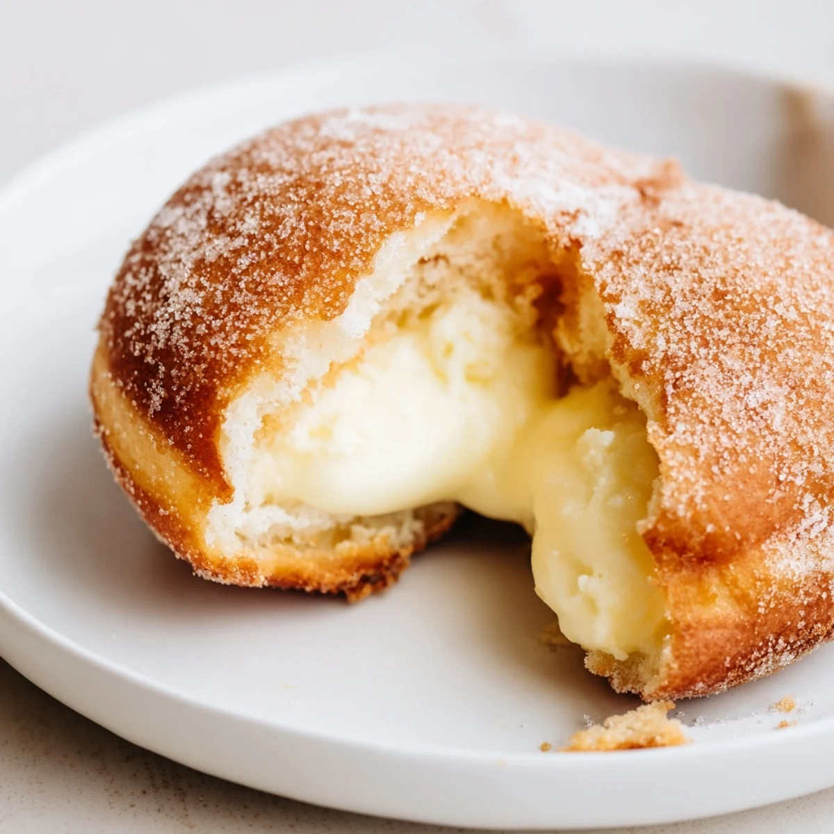 Golden brown Italian bomboloni cream donuts dusted with sugar on a white plate