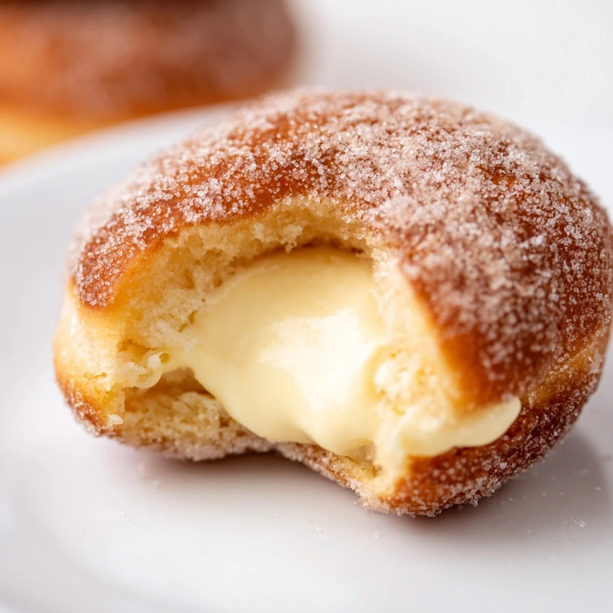 Soft pillowy bomboloni cream donuts filled with rich vanilla pastry cream and sprinkled with sugar