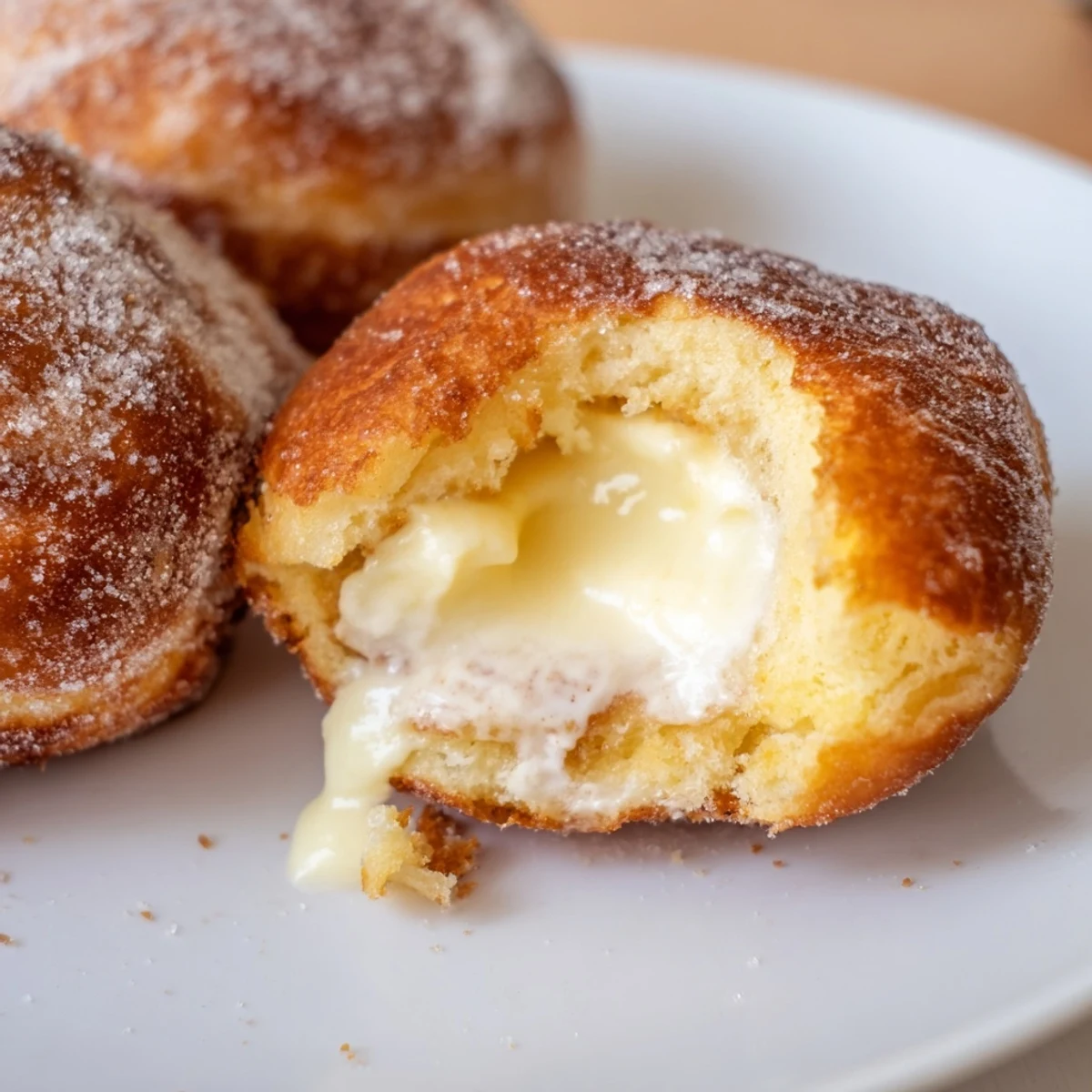Freshly fried bomboloni cream donuts oozing vanilla custard and coated in sparkling sugar