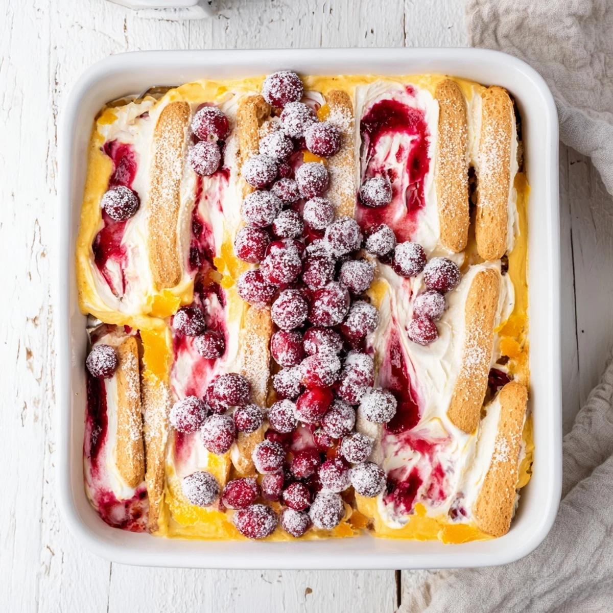Layered cranberry and orange tiramisu dessert featuring ruby compote and creamy mascarpone
