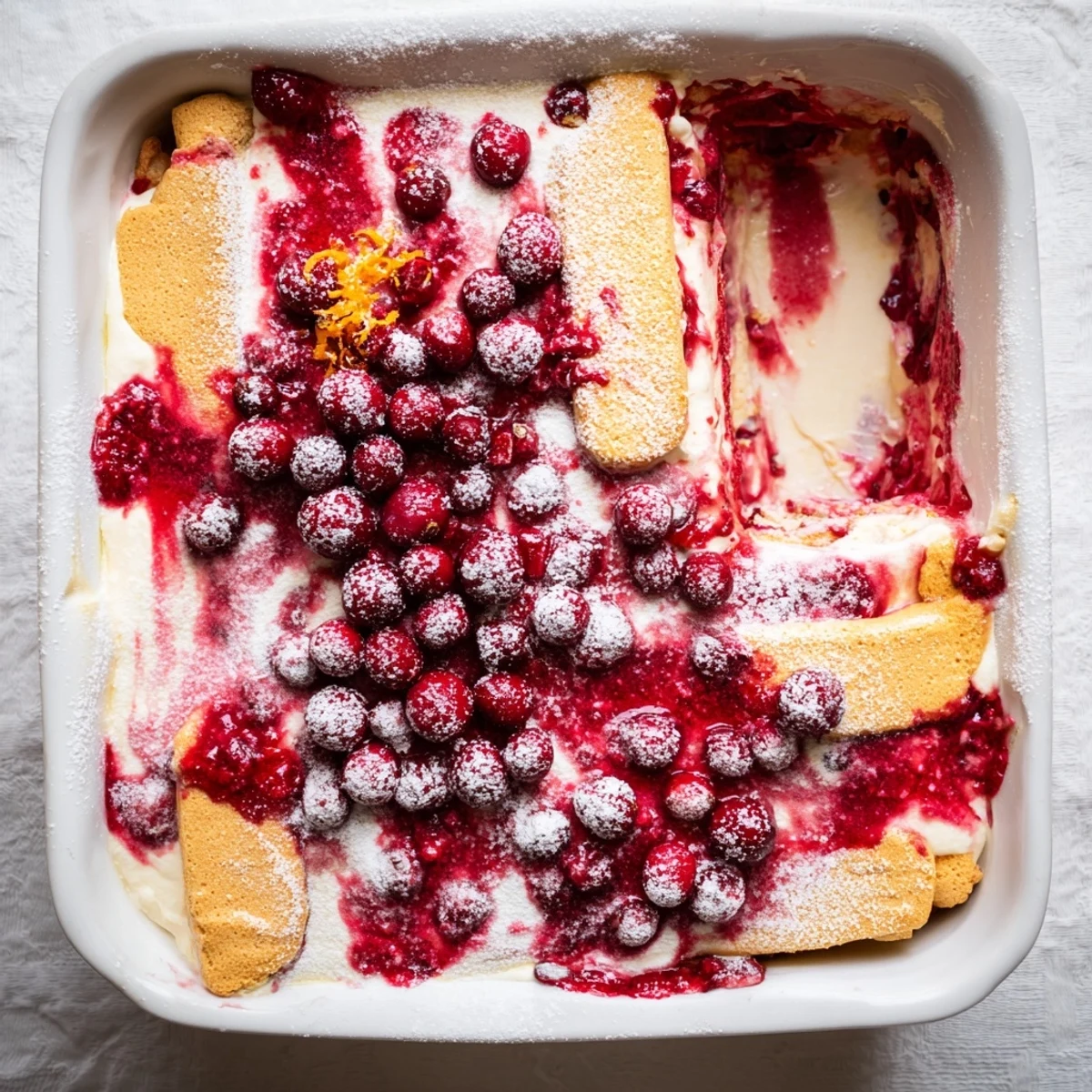 Festive holiday tiramisu with tart cranberries, bright orange zest, and whipped mascarpone cream