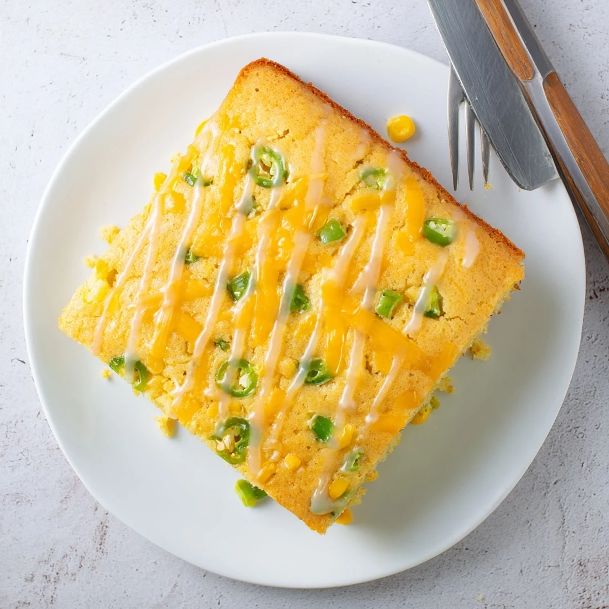 Golden spicy jalapeño cornbread drizzled with sweet lime honey glaze on a wooden board