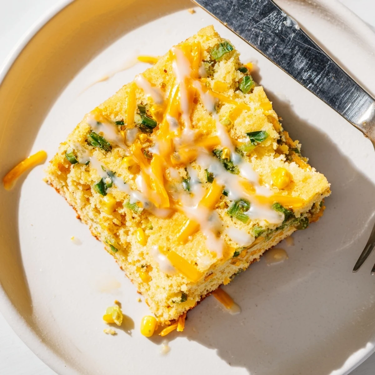 Moist Southern cornbread topped with glistening lime honey glaze and fresh jalapeño pieces