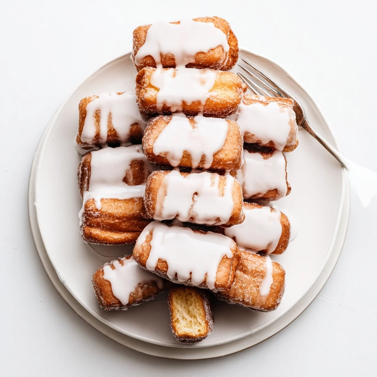 Golden glazed buttermilk beignet squares piled high with sweet vanilla dripping down the sides