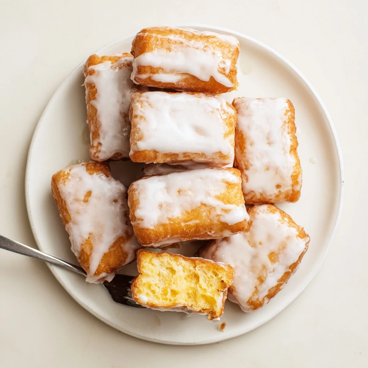 Light and fluffy beignet squares coated in white vanilla glaze on a rustic wooden board