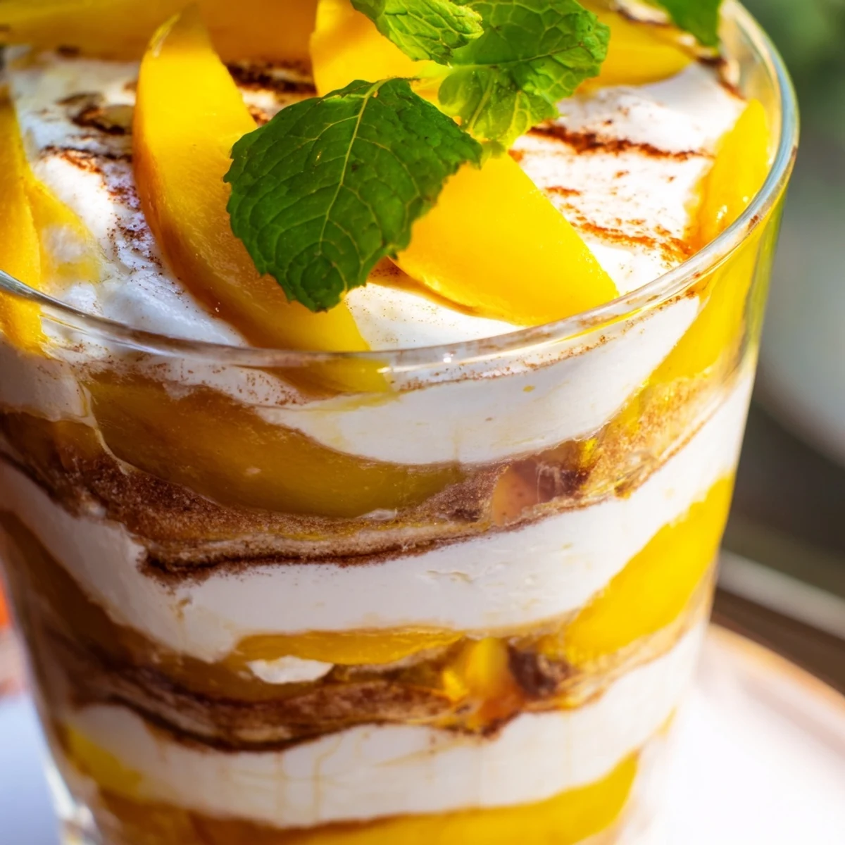 Glass serving dish displaying layered mango tiramisu topped with fresh mango slices and mint