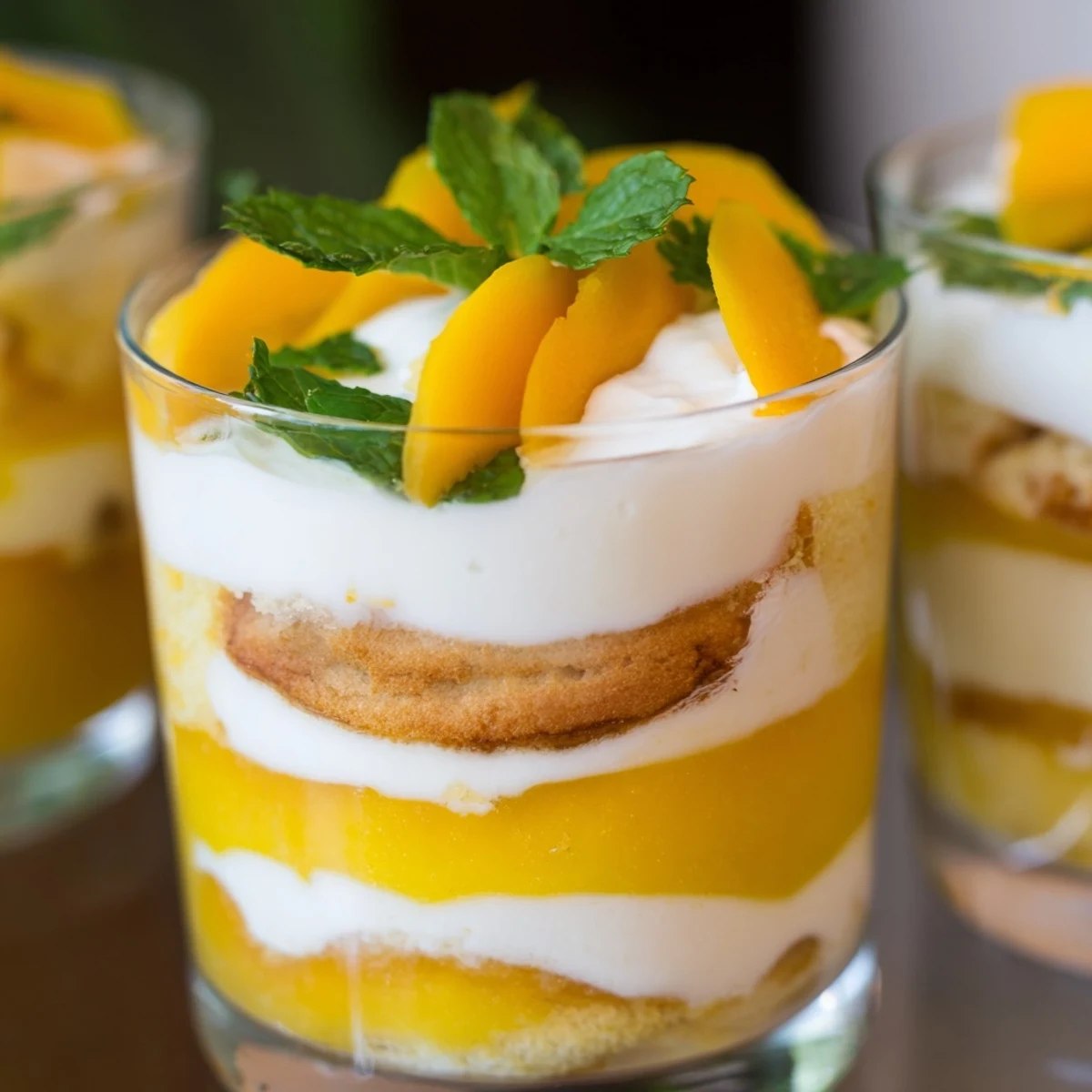 Golden mango tiramisu dessert with creamy mascarpone layers and coffee-soaked ladyfingers close up
