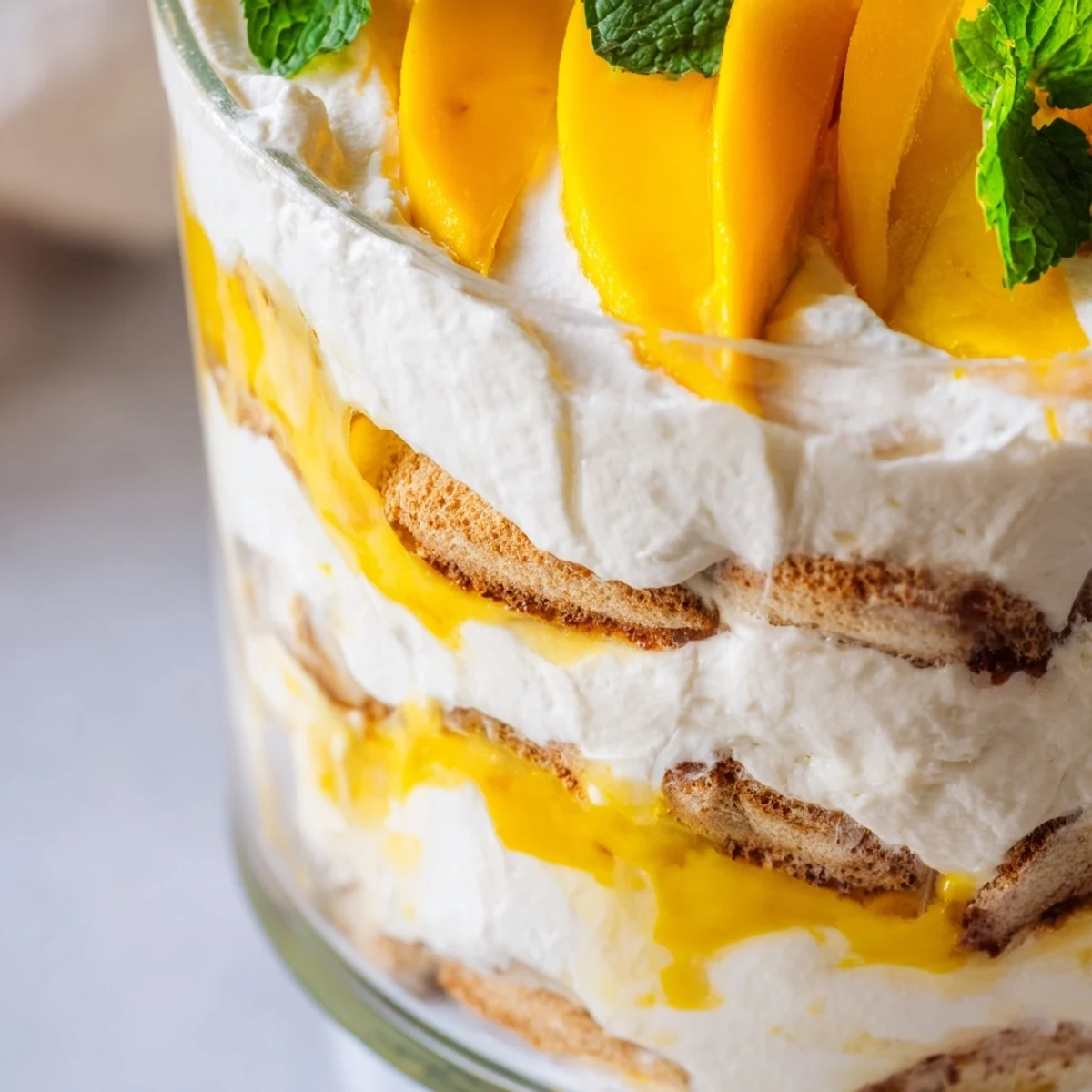 Tropical mango tiramisu plated elegantly with bright fruit garnish on white background