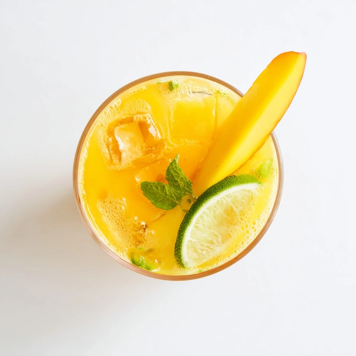 Golden mango ginger mocktail in a clear glass with ice cubes, lime wedge garnish, and effervescent bubbles rising through the vibrant yellow-orange drink.