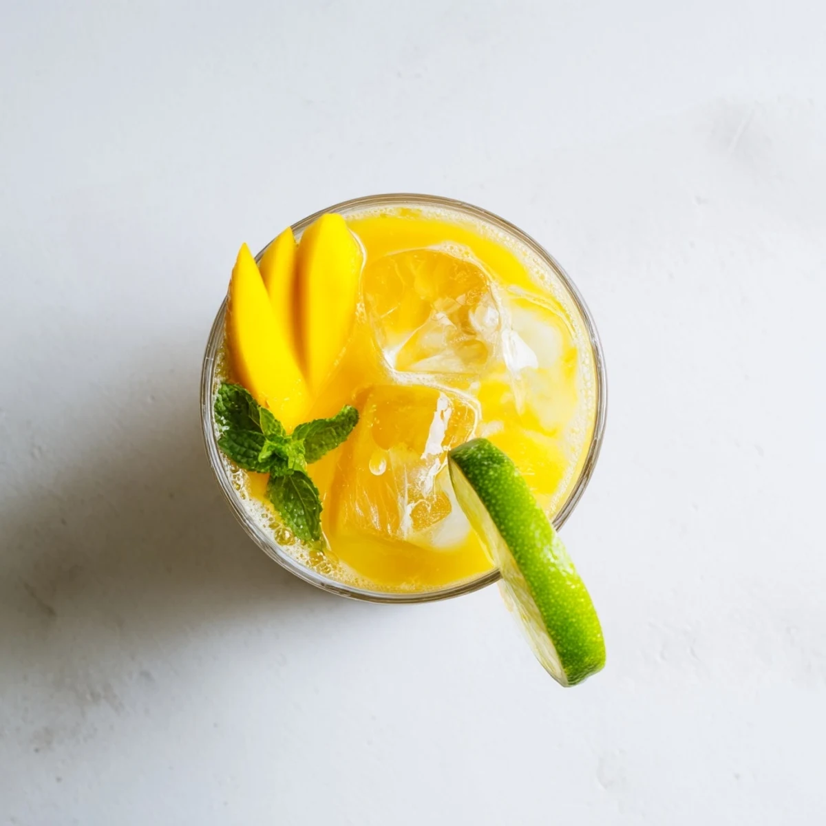 Refreshing mango ginger mocktail served on a wooden table with fresh mint sprig and mango slice perched on the rim of a frosted glass.