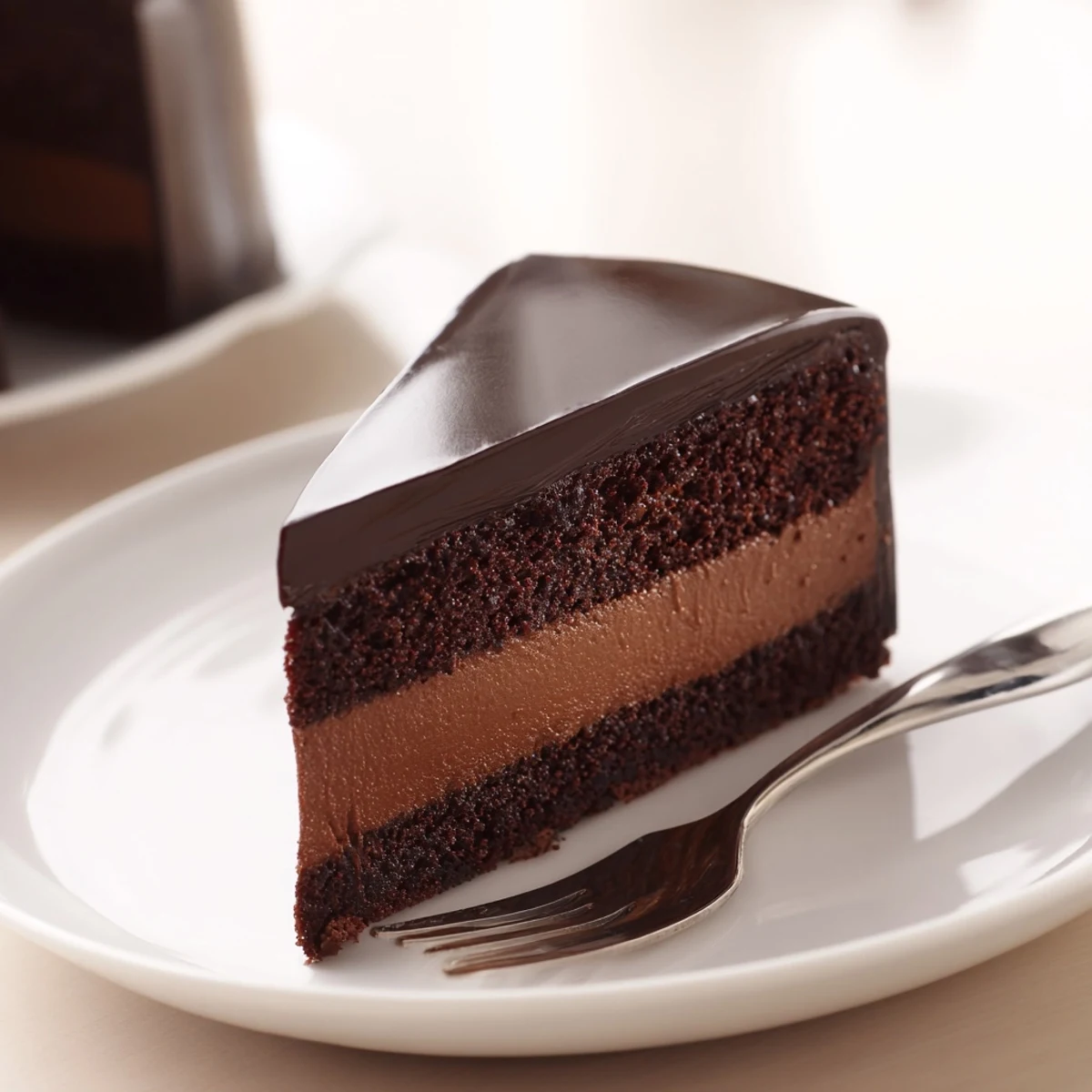 Rich dark chocolate mousse cake with glossy glaze draping down the sides