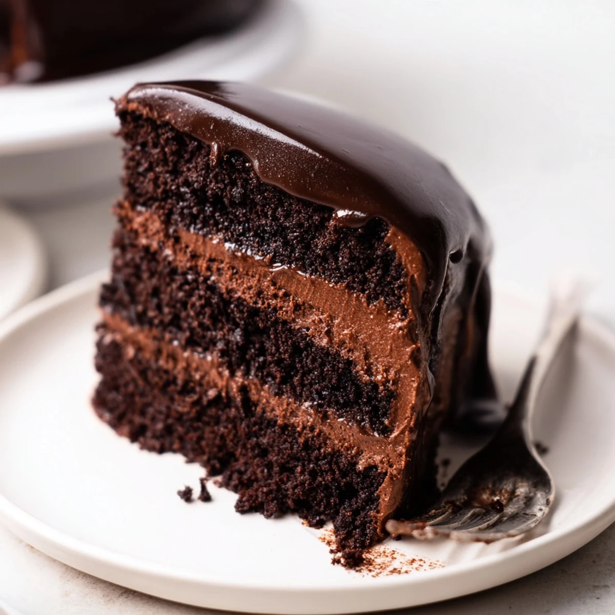 Decadent layered dark chocolate mousse cake topped with smooth chocolate ganache