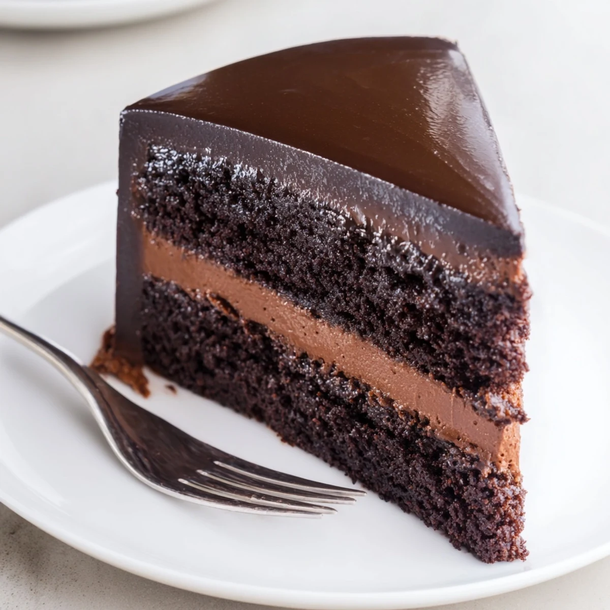 Elegant dark chocolate mousse cake showcasing velvety texture and glossy finish