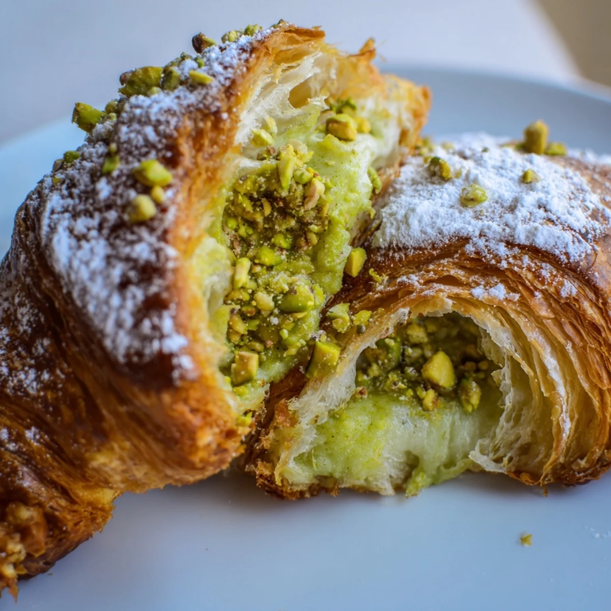 Golden pistachio croissants with green cream filling and chopped nut garnish on white plate