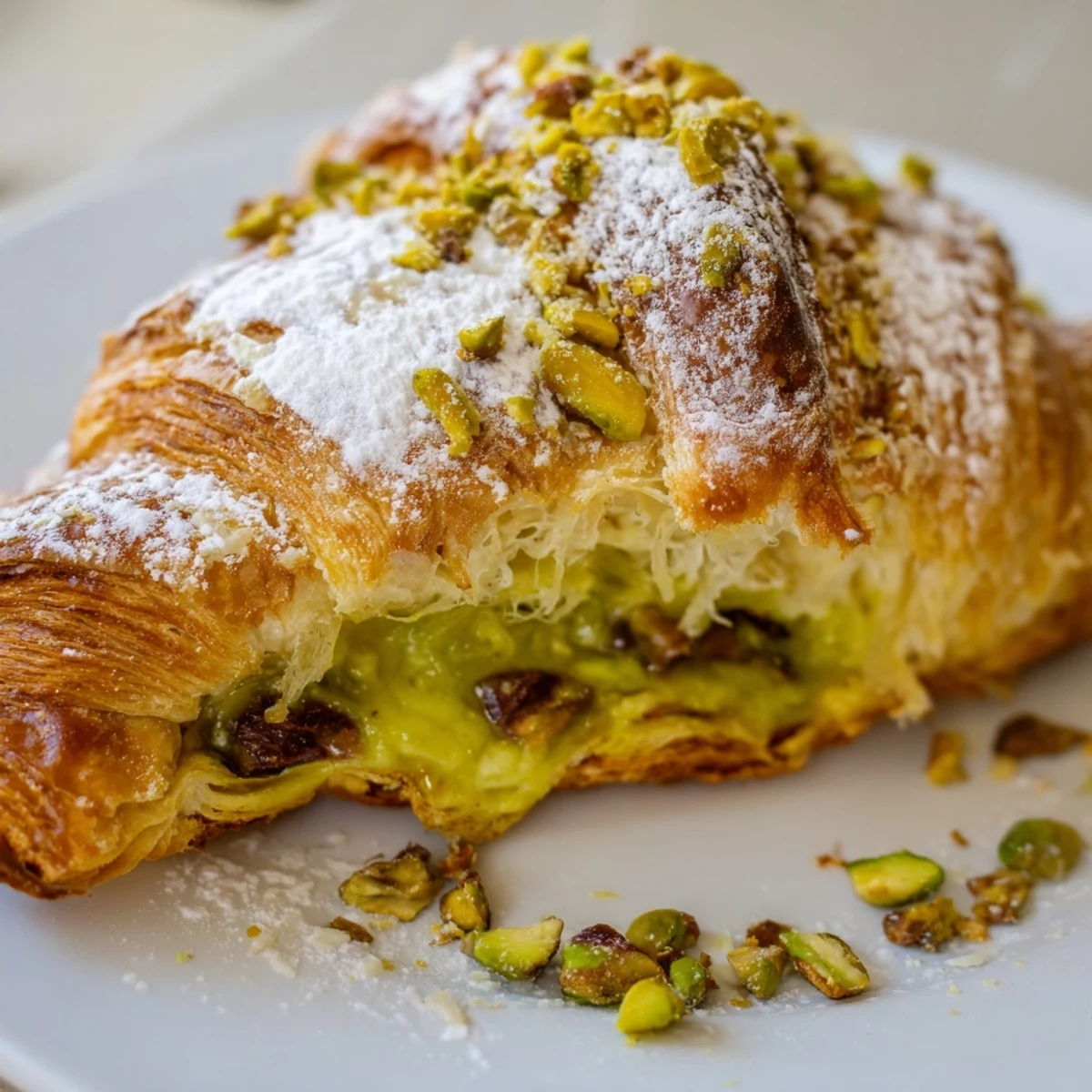 Flaky French pastry sliced open revealing creamy pistachio filling baked to golden perfection