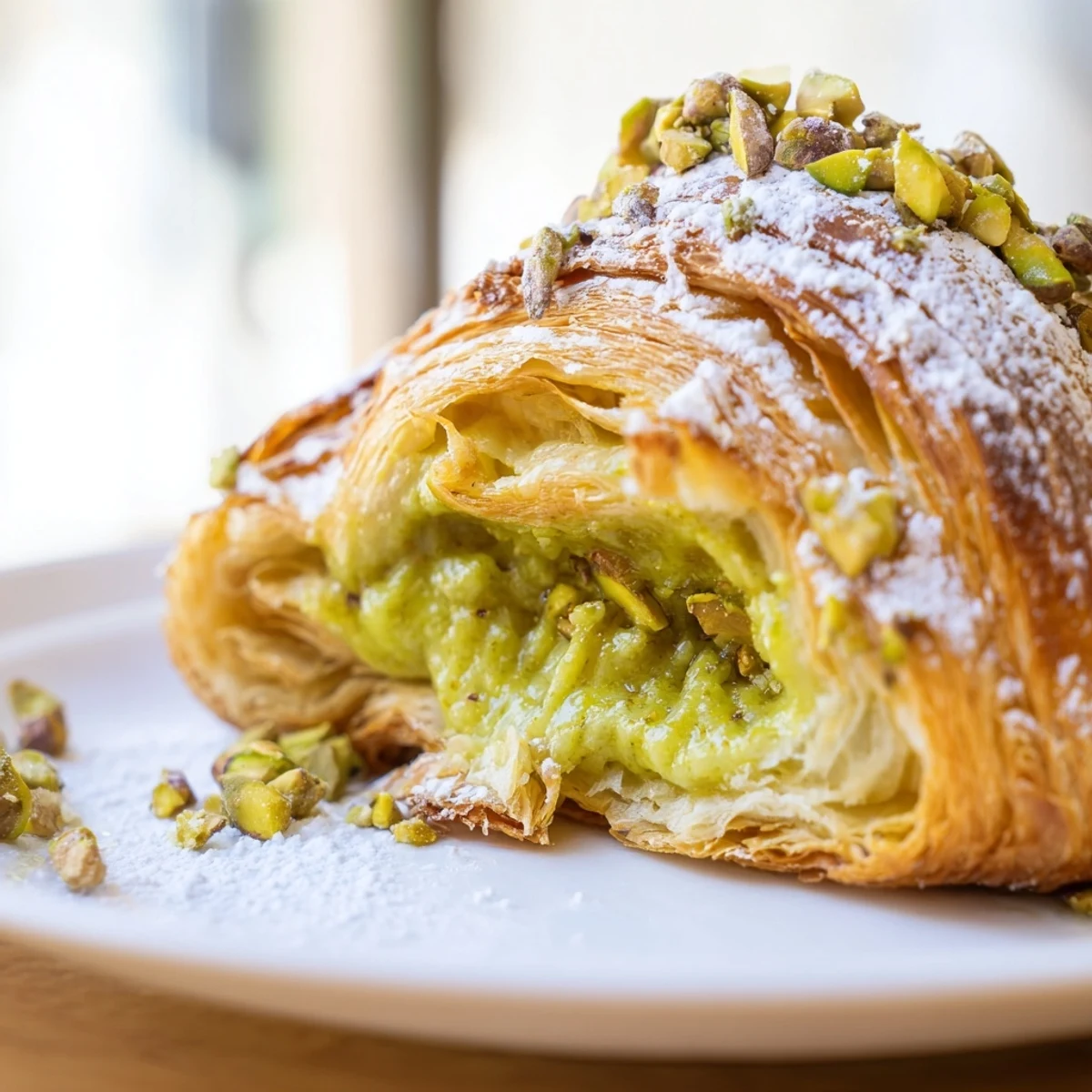 Buttery croissants topped with pistachio cream and powdered sugar dusting on baking sheet
