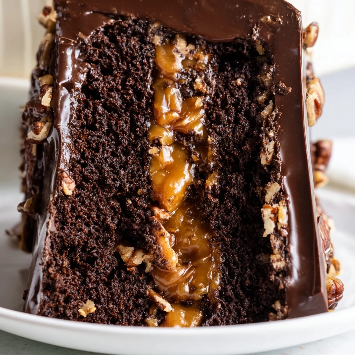 Rich chocolate turtle cake layered with gooey caramel and toasted pecans under smooth ganache
