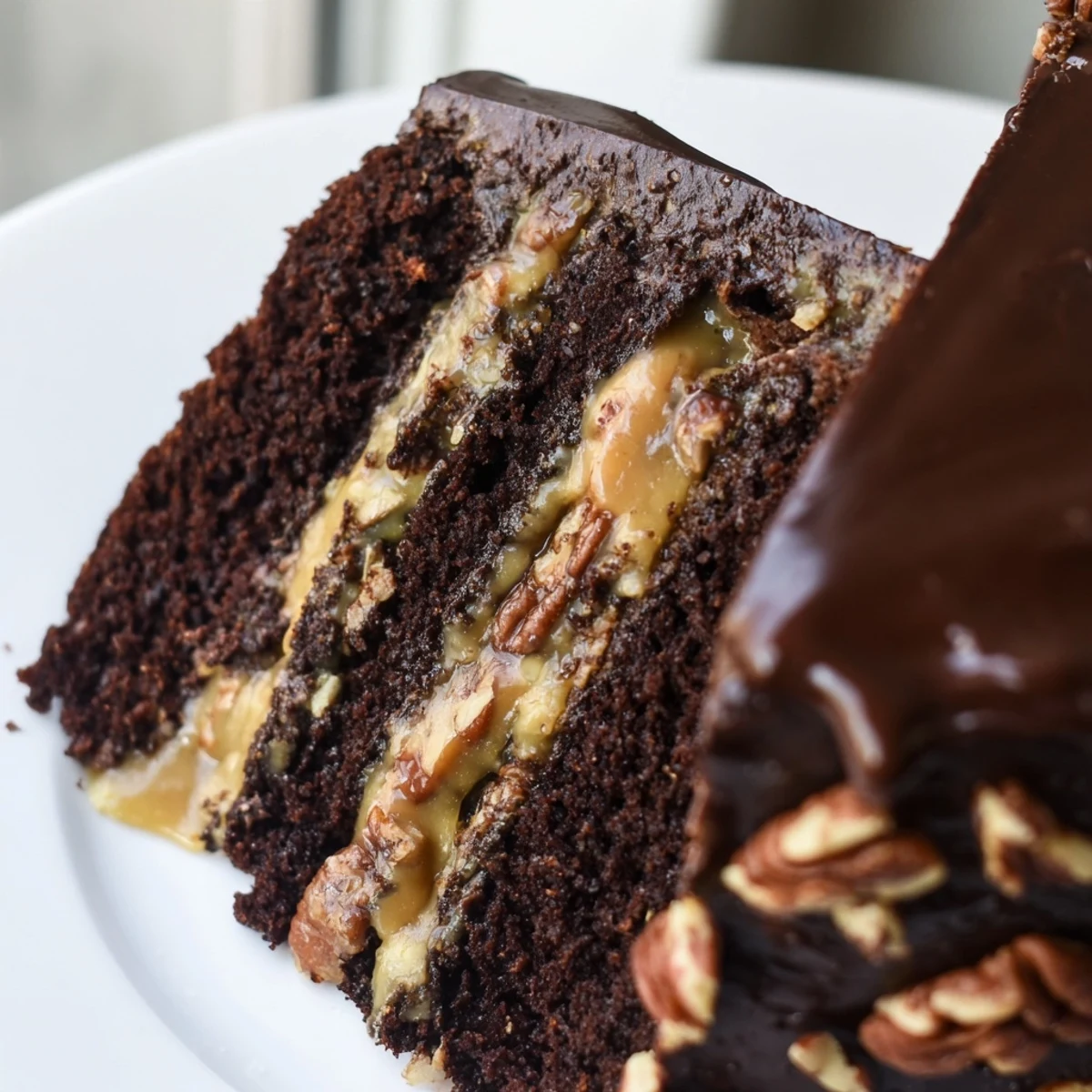 Decadent chocolate turtle cake drizzled with warm caramel and topped with crunchy pecan halves