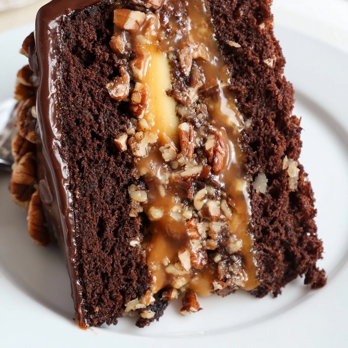 Slice of chocolate turtle cake revealing caramel layers and pecans between moist chocolate cake