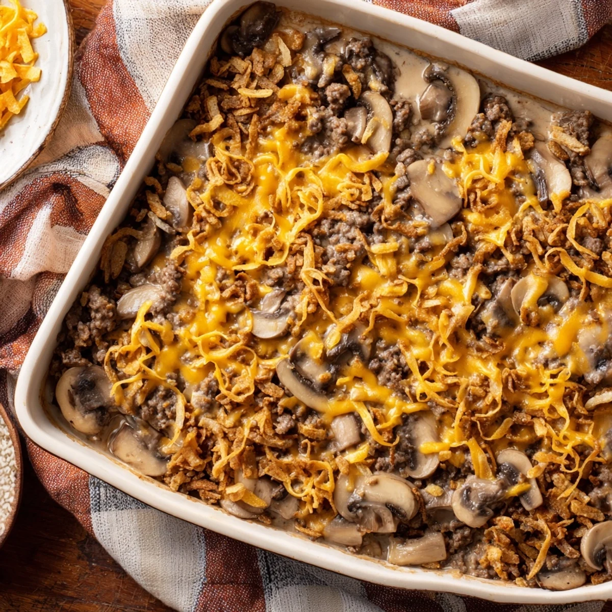 Golden topped hamburger mushroom bake casserole with melted cheddar and crispy buttered breadcrumbs