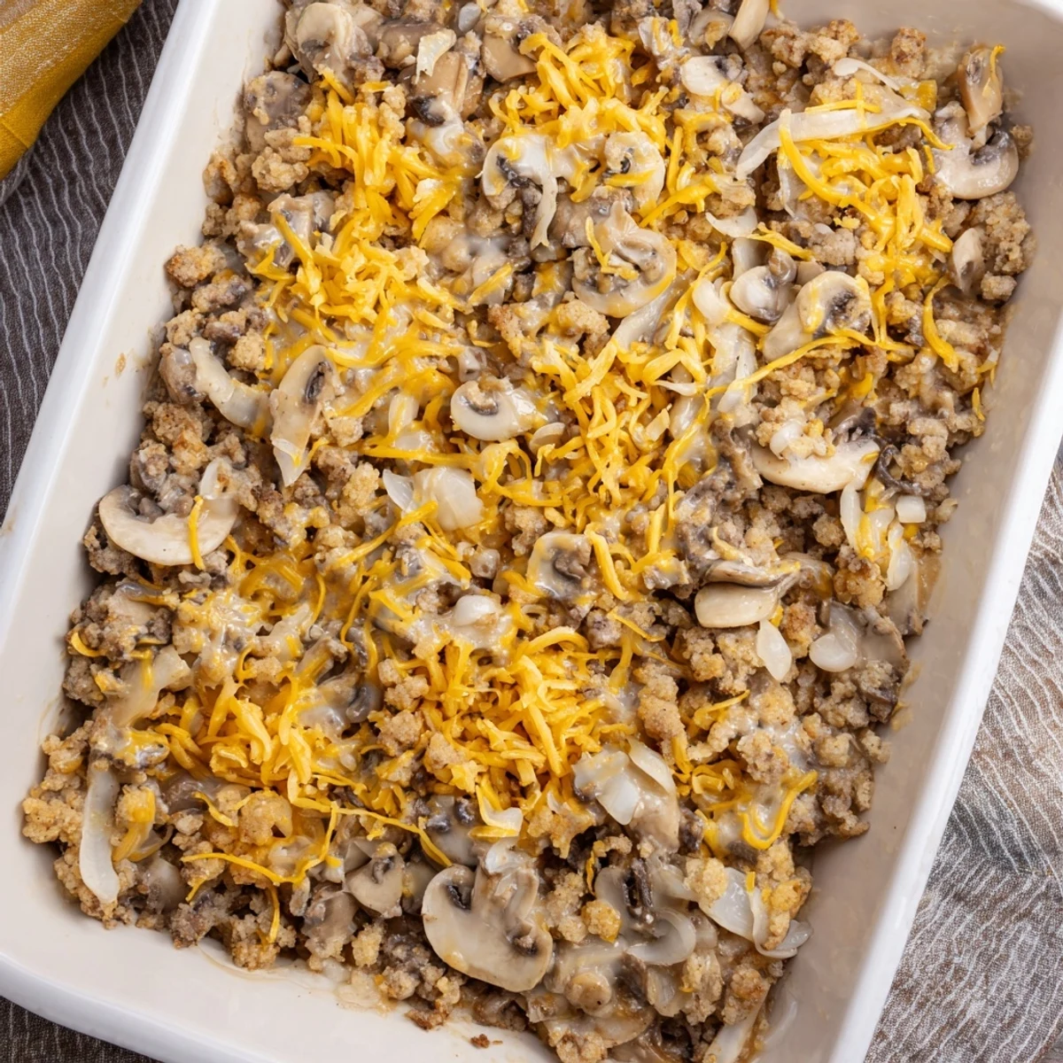 Creamy hamburger mushroom bake bubbling in a baking dish with tender beef and savory mushrooms