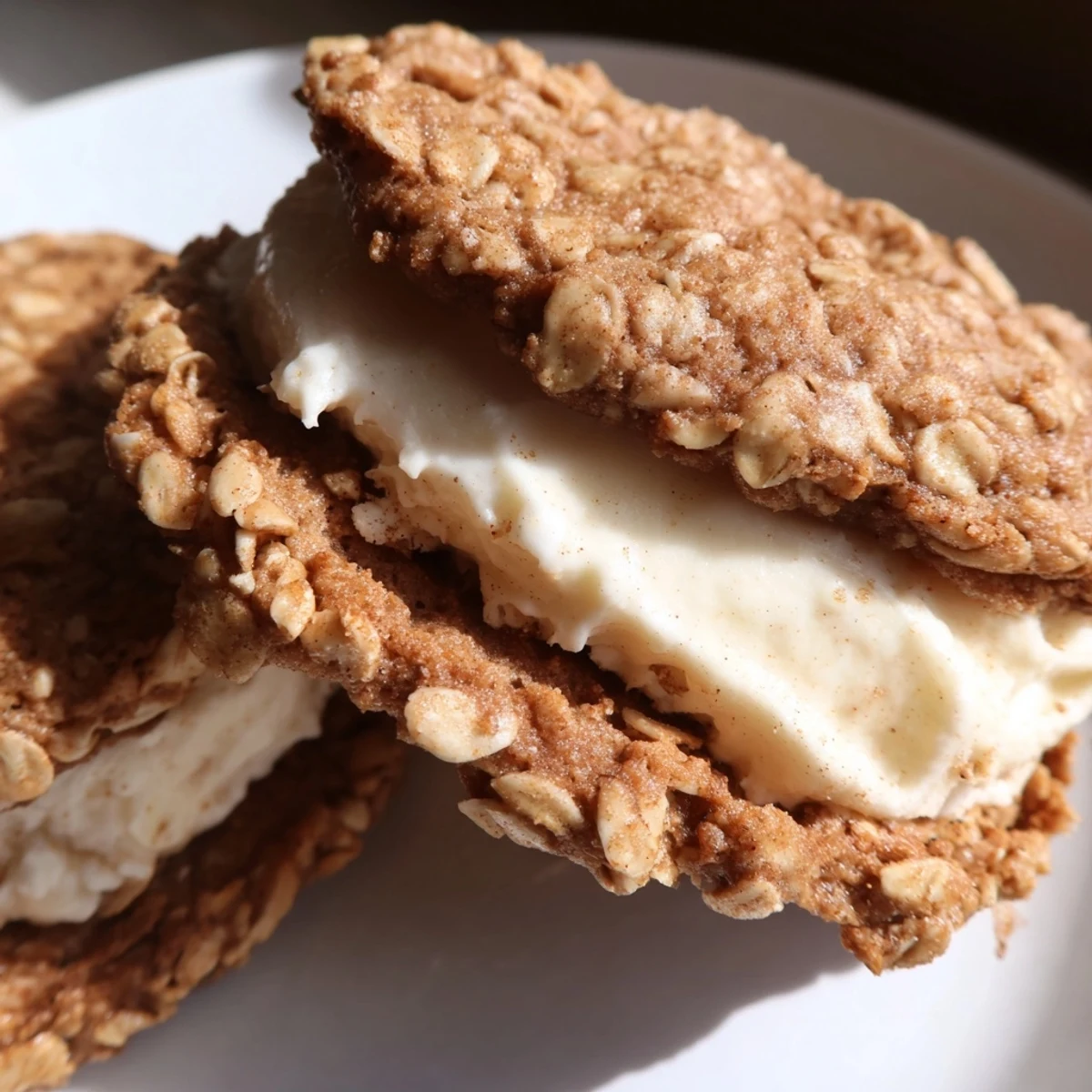 Two soft homemade oatmeal cream pies with generous vanilla frosting sandwiched between chewy cinnamon-spiced cookies