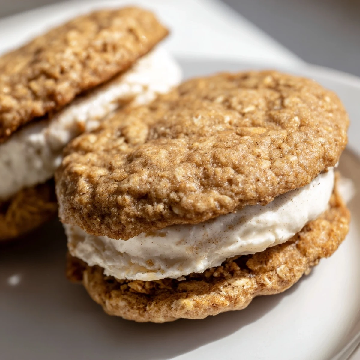Close-up of chewy oatmeal cream pies featuring thick vanilla buttercream spread between textured oatmeal cookie rounds