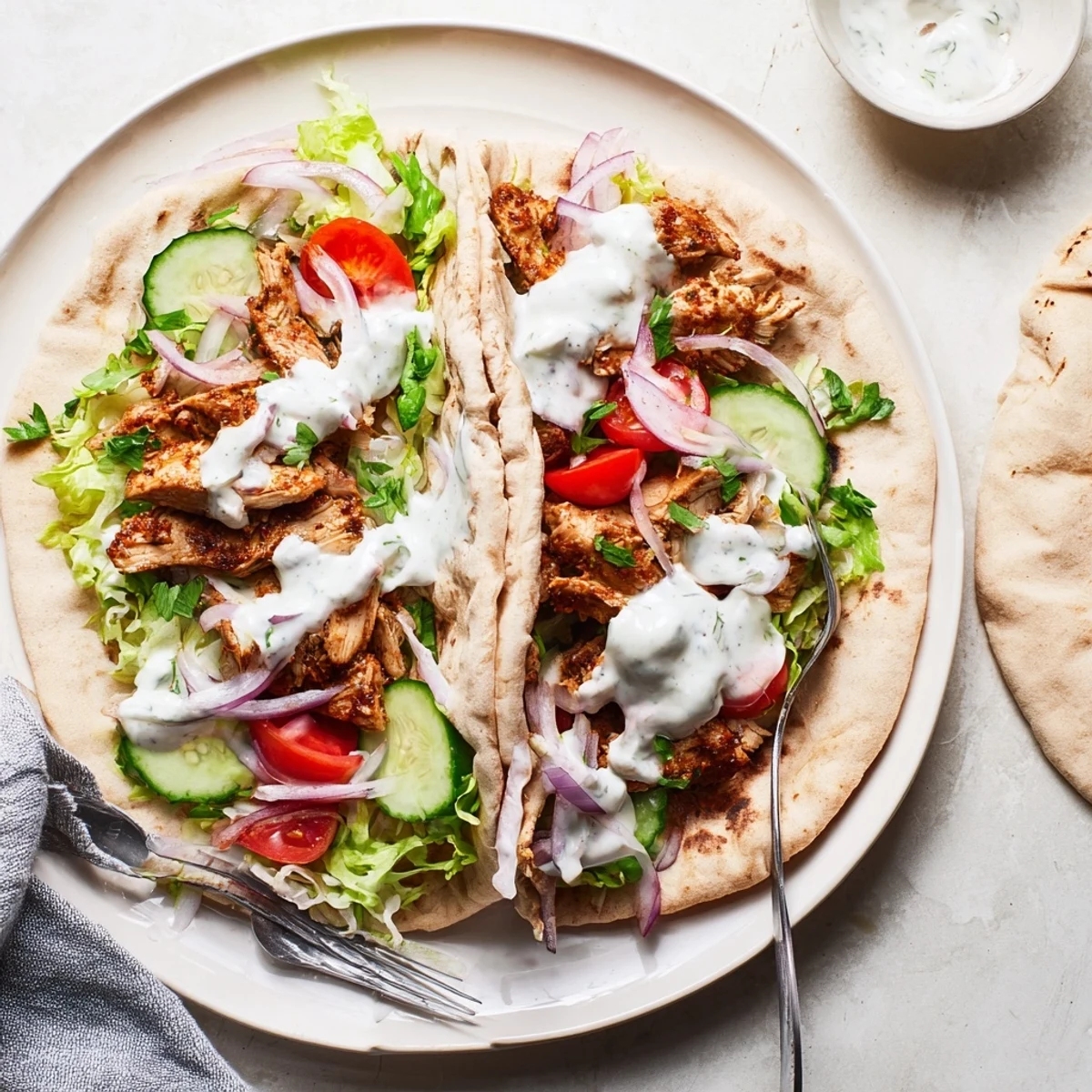 Golden roasted chicken shawarma wrapped in warm pita with drizzled creamy garlic sauce and crisp fresh vegetables
