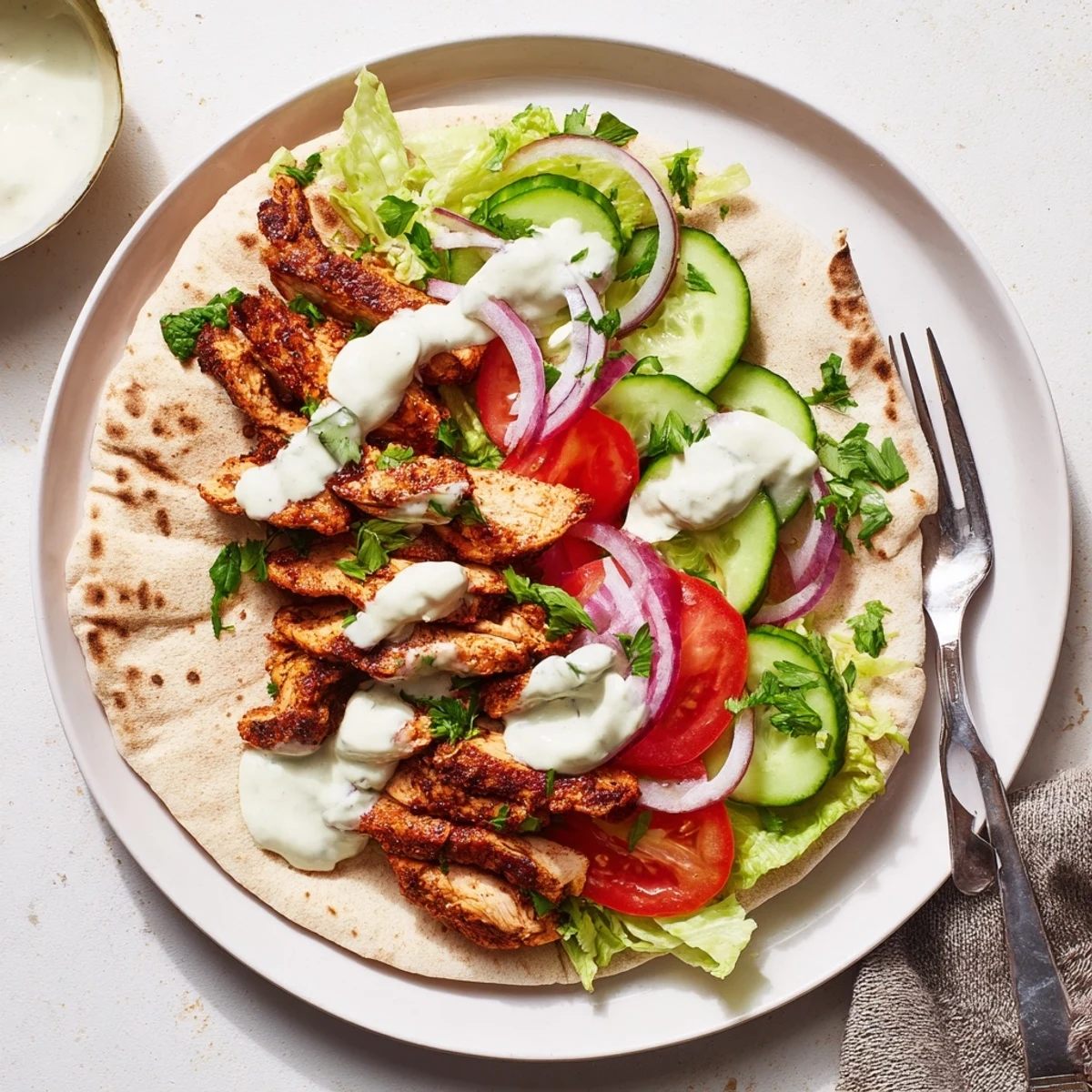 Sliced spiced chicken shawarma piled high on flatbread with tangy garlic sauce and colorful vegetable toppings