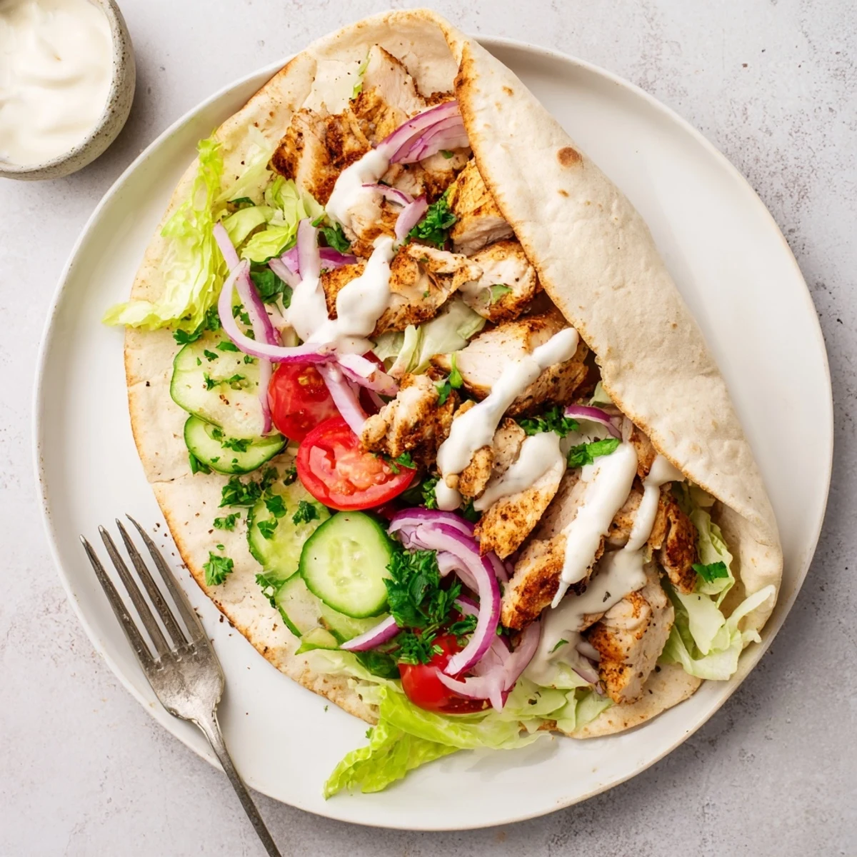 Tender marinated chicken shawarma in pita bread lined with lettuce tomatoes and rich homemade garlic dressing