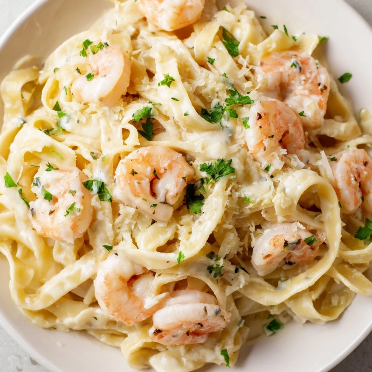 Creamy one pan shrimp fettuccine Alfredo tossed in rich Parmesan garlic sauce with tender pink shrimp