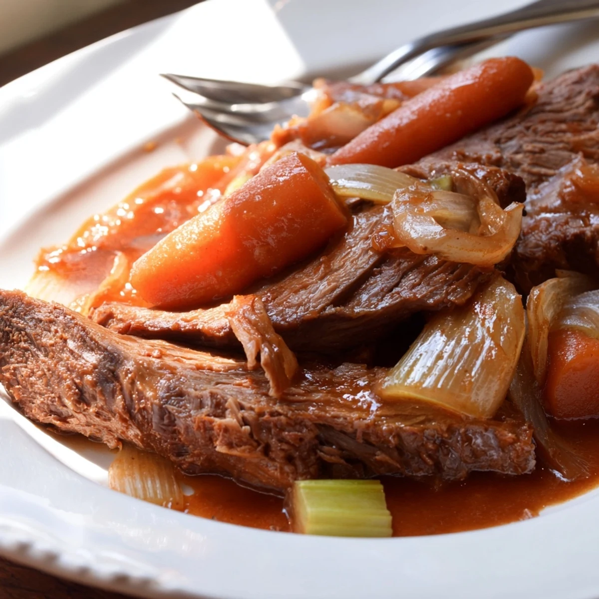 Tender slow cooker beef brisket sliced with caramelized vegetables and glossy rich sauce