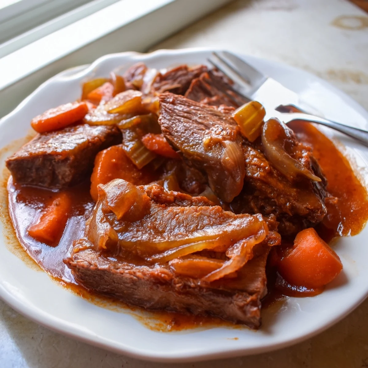 Fork-tender beef brisket slow-cooked for hours served with roasted carrots and savory gravy