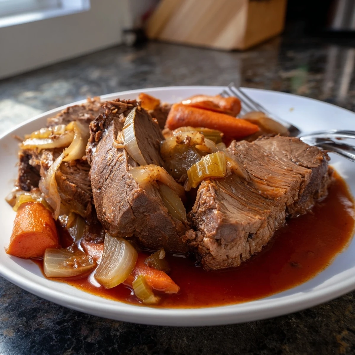 Golden brown slow cooker beef brisket plated with onions and drizzled with dark sauce
