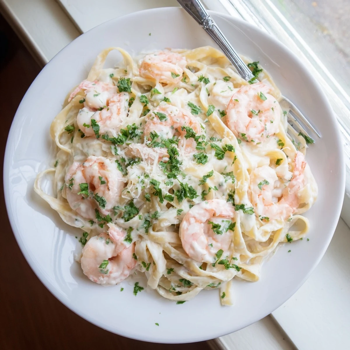 Tender pink shrimp and al dente fettuccine swimming in velvety Parmesan cream sauce