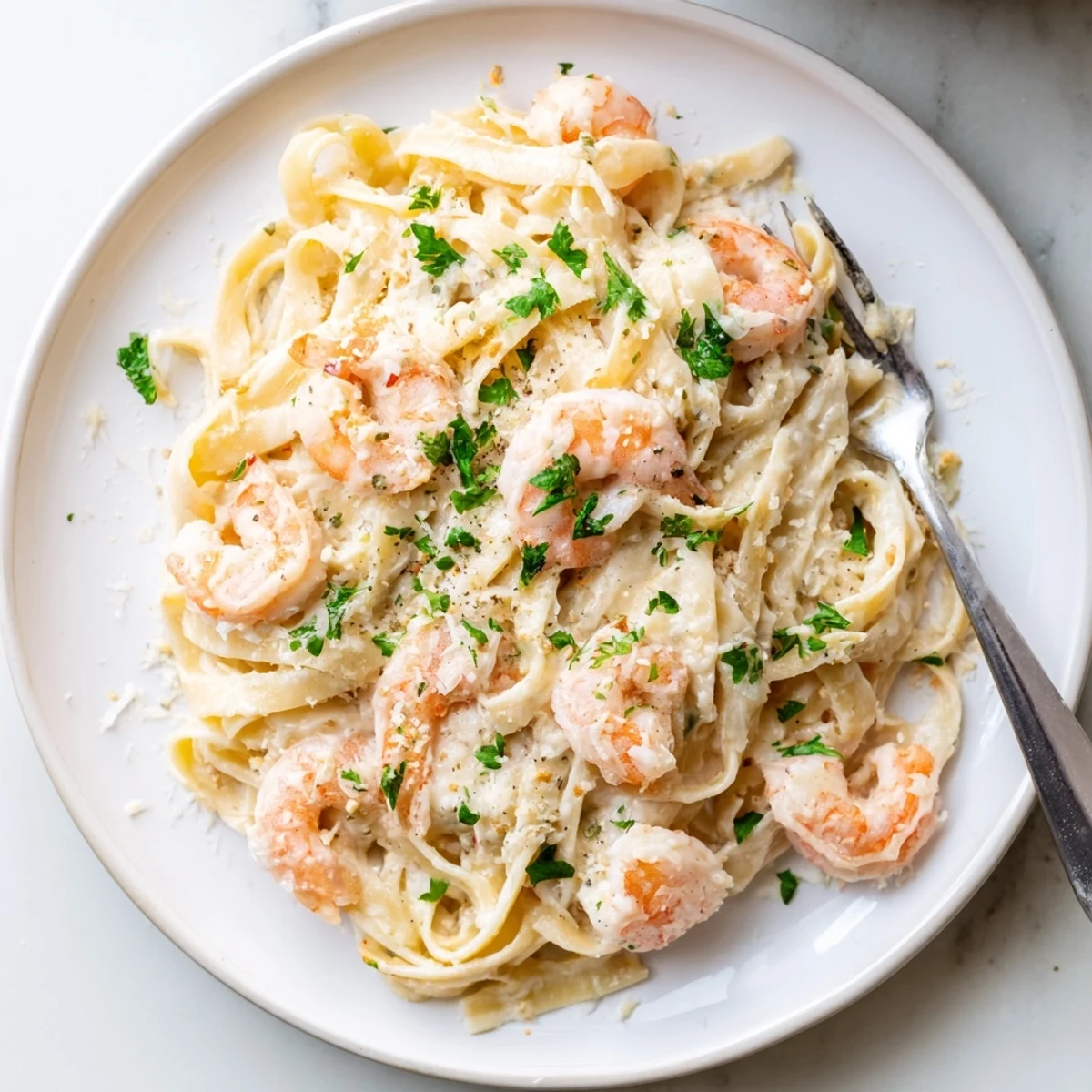 Creamy shrimp fettuccine pasta draped in rich homemade Alfredo sauce with fresh parsley garnish