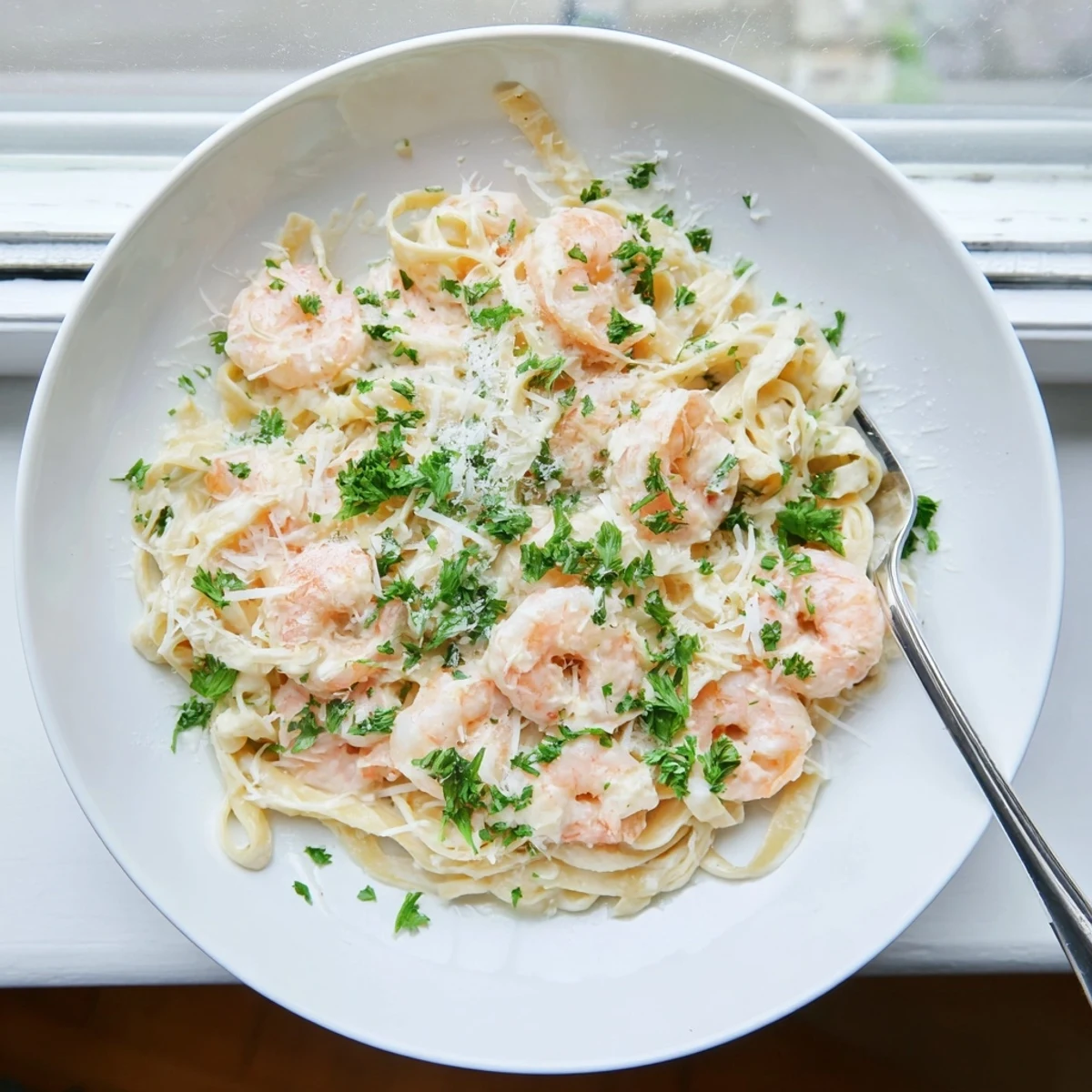 Homemade Alfredo sauce coating fettuccine and succulent shrimp topped with chopped fresh parsley