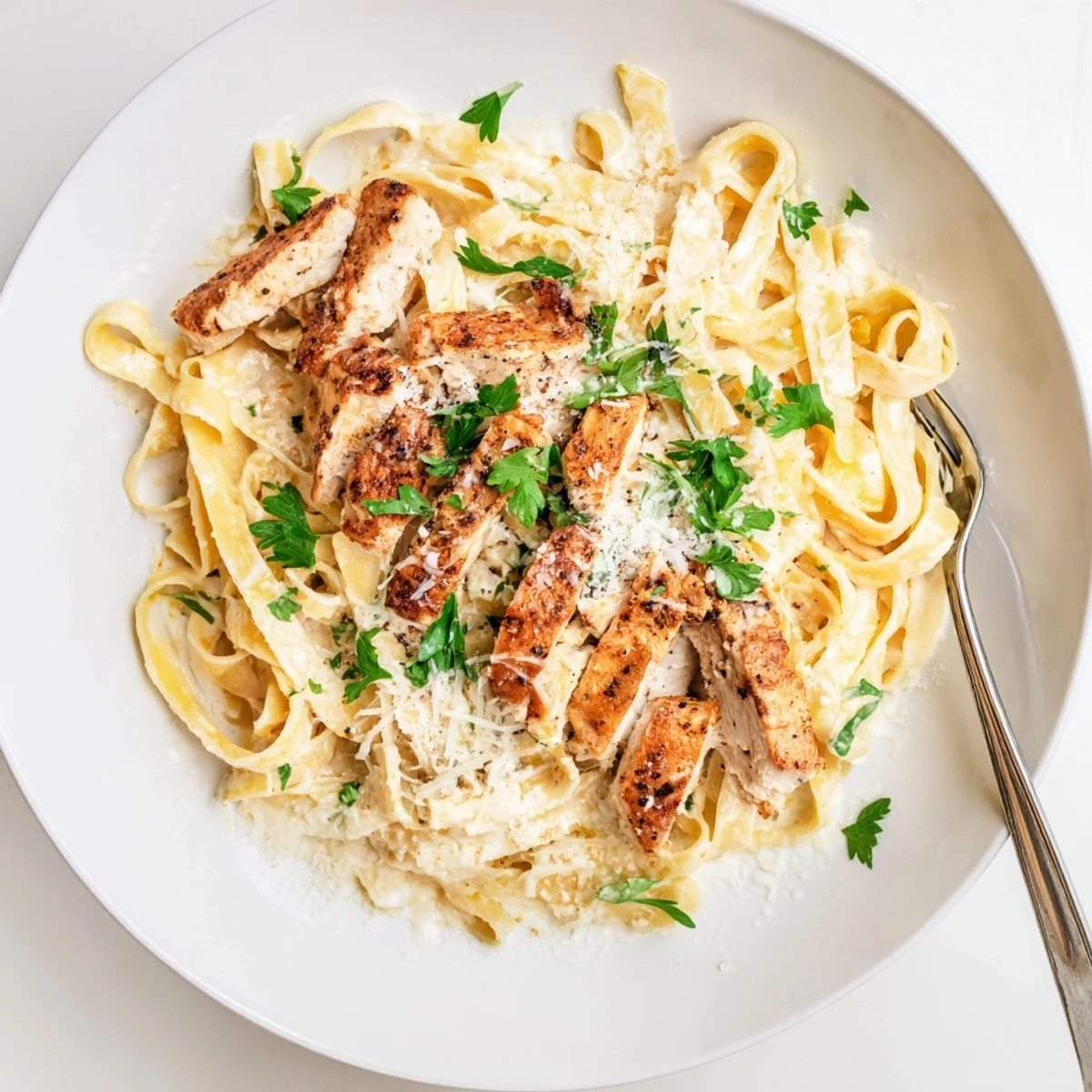Creamy chicken alfredo pasta featuring sliced grilled chicken and parmesan sauce over fettuccine